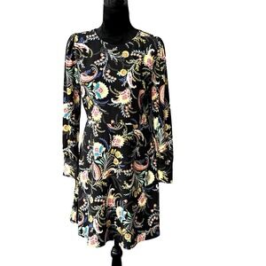 LOFT Black w/Yellow Green Red Floral Print A-Line Above Knee Length Dress Sz 4